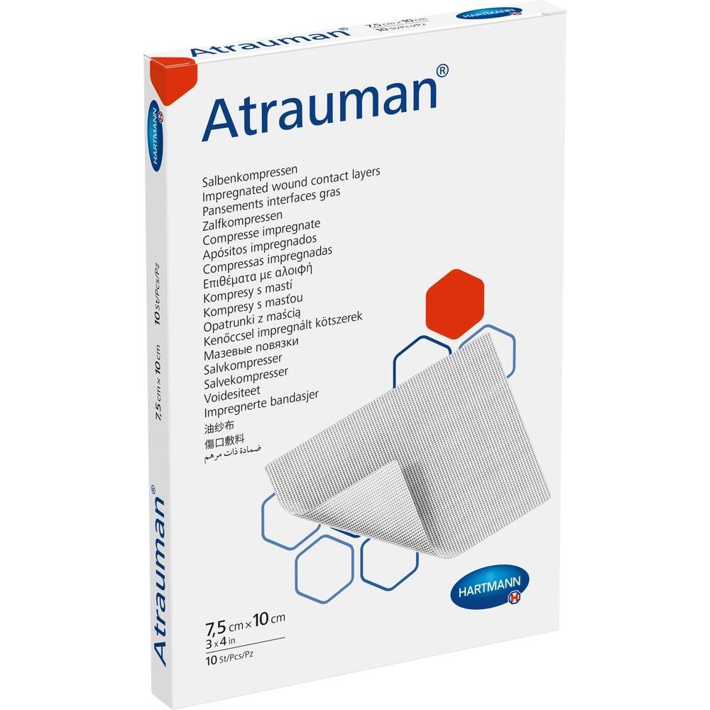 Eine Verpackung von Atrauman-Salbenkompressen in verschiedenen Sprachen.