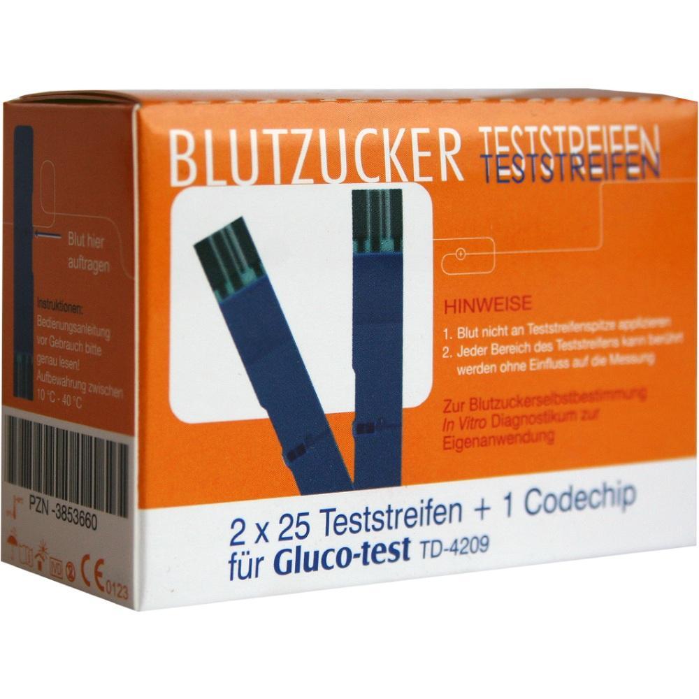 Weiße Schachtel mit oranger Schrift für Blutzuckerteststreifen.