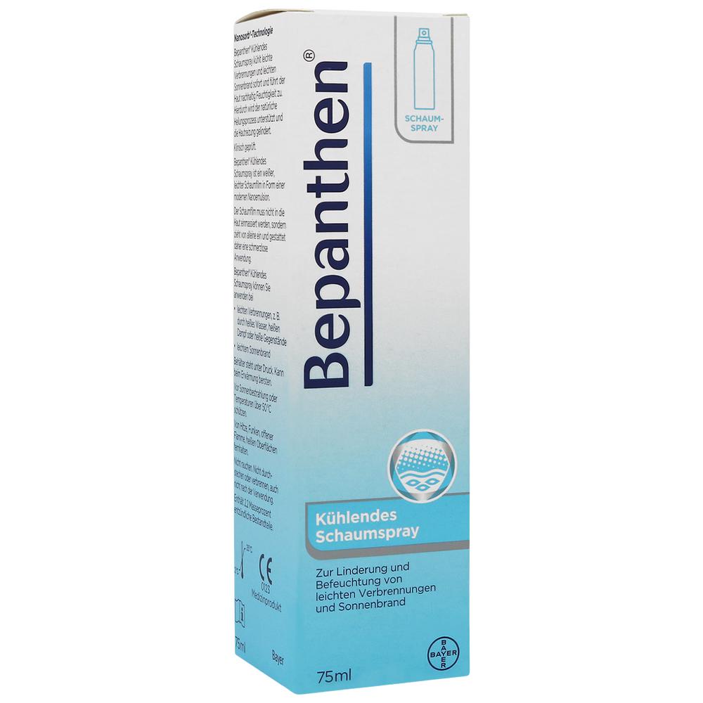 Eine Bepanthen-Verpackung für kühlendes Schaumspray gegen leichte Verbrennungen.