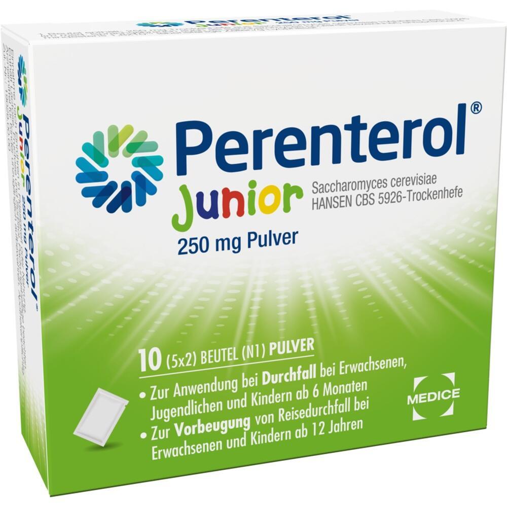 Eine grüne Schachtel mit Perenterol Junior Pulver gegen Durchfall.