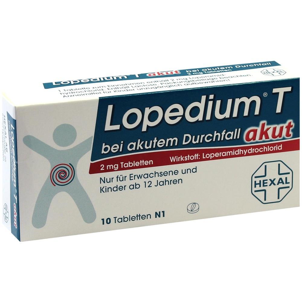 Packung von Medikamenten gegen akuten Durchfall f&uuml;r Erwachsene und Kinder ab 12 Jahren.