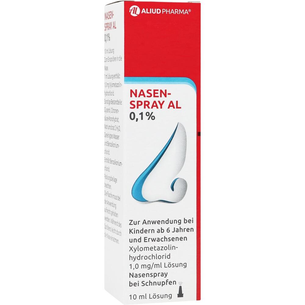 NasenSpray AL 0,1% in einer braunen Flasche mit roter und wei&szlig;er Schachtel.