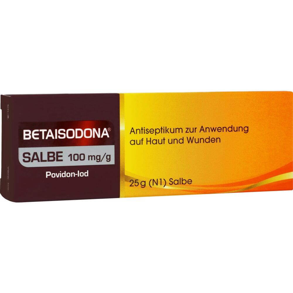 Eine Betaisodona-Salbe zur Wundbehandlung liegt in einer gelben Verpackung.
