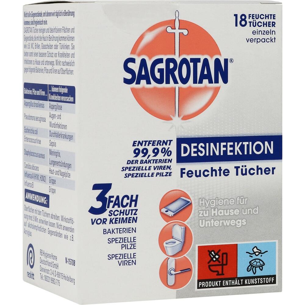 Eine Packung Sagrotan-Desinfektionstücher zur Hygiene für Zuhause und unterwegs.