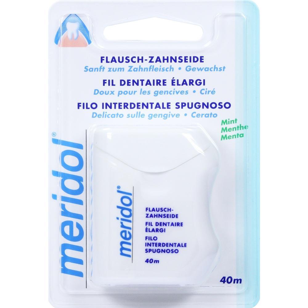 Verpackung von flauschiger Zahnseide der Marke Meridol in blau-weißer Farbe.