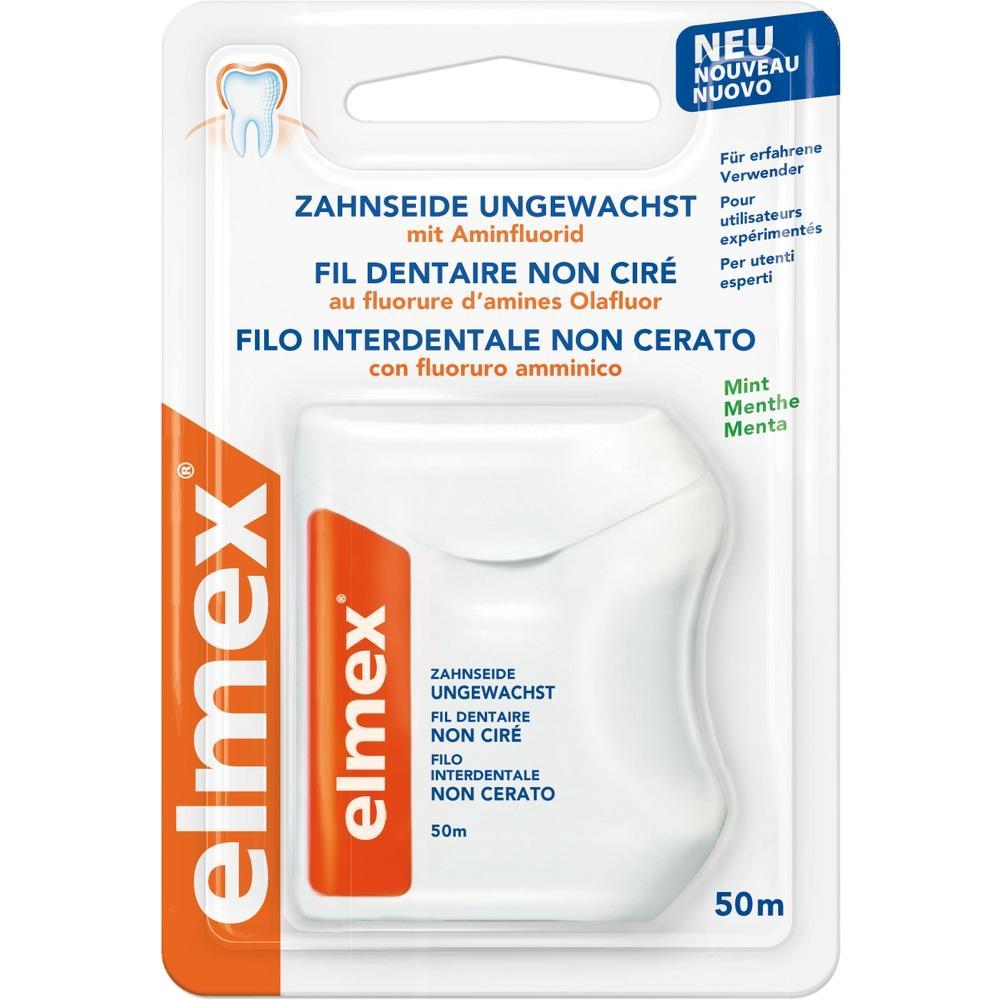 Elmex Zahnseide in einer Verpackung mit der Aufschrift "ungewachst" und "Aminfluorid".