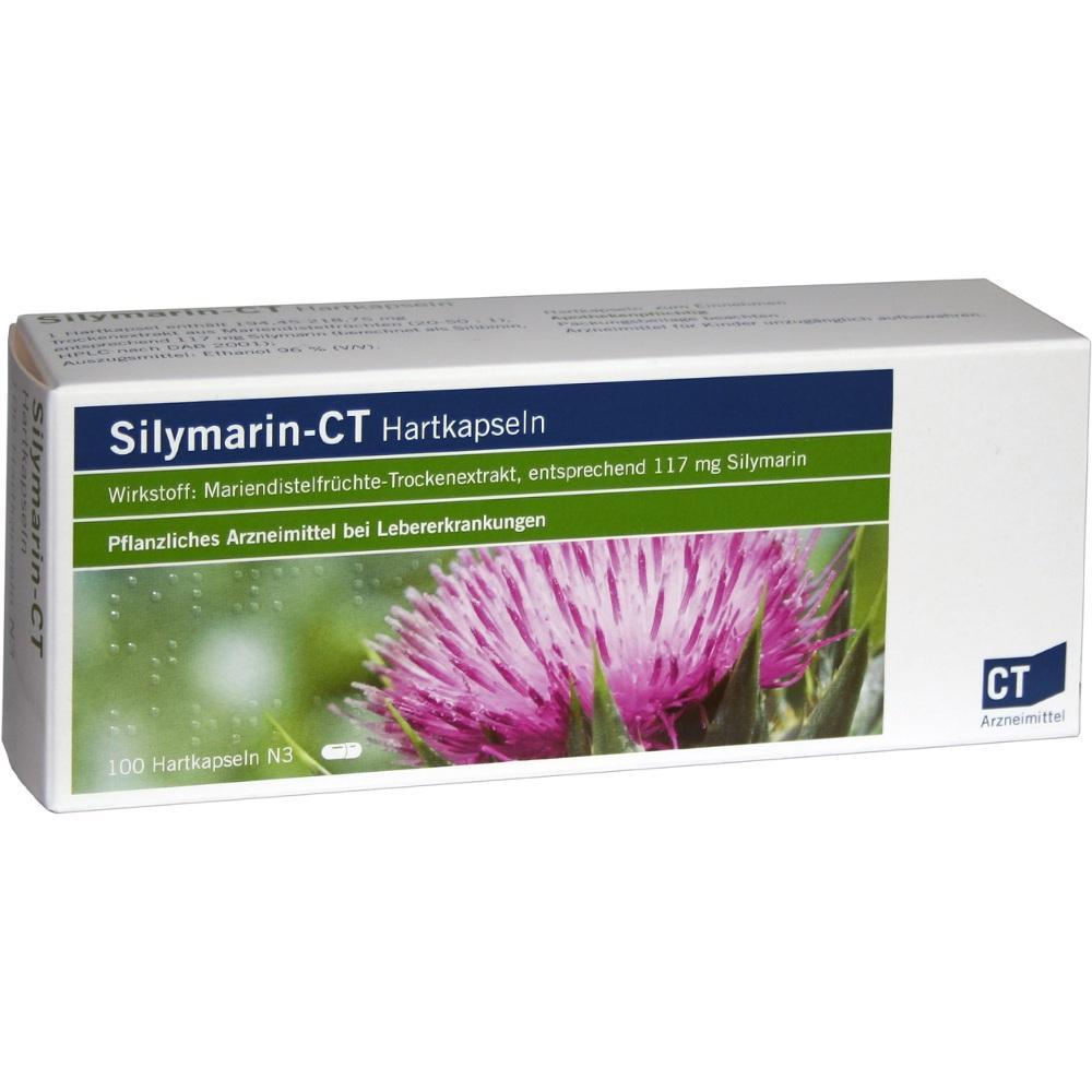 Eine Packung Silymarin-CT Kapseln mit einem Bild einer Mariendistel.
