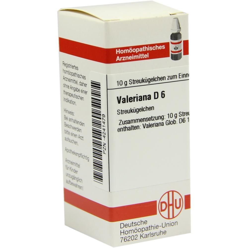 Eine wei&szlig;e Schachtel mit hom&ouml;opathischen Valeriana D6 Streuk&uuml;gelchen.