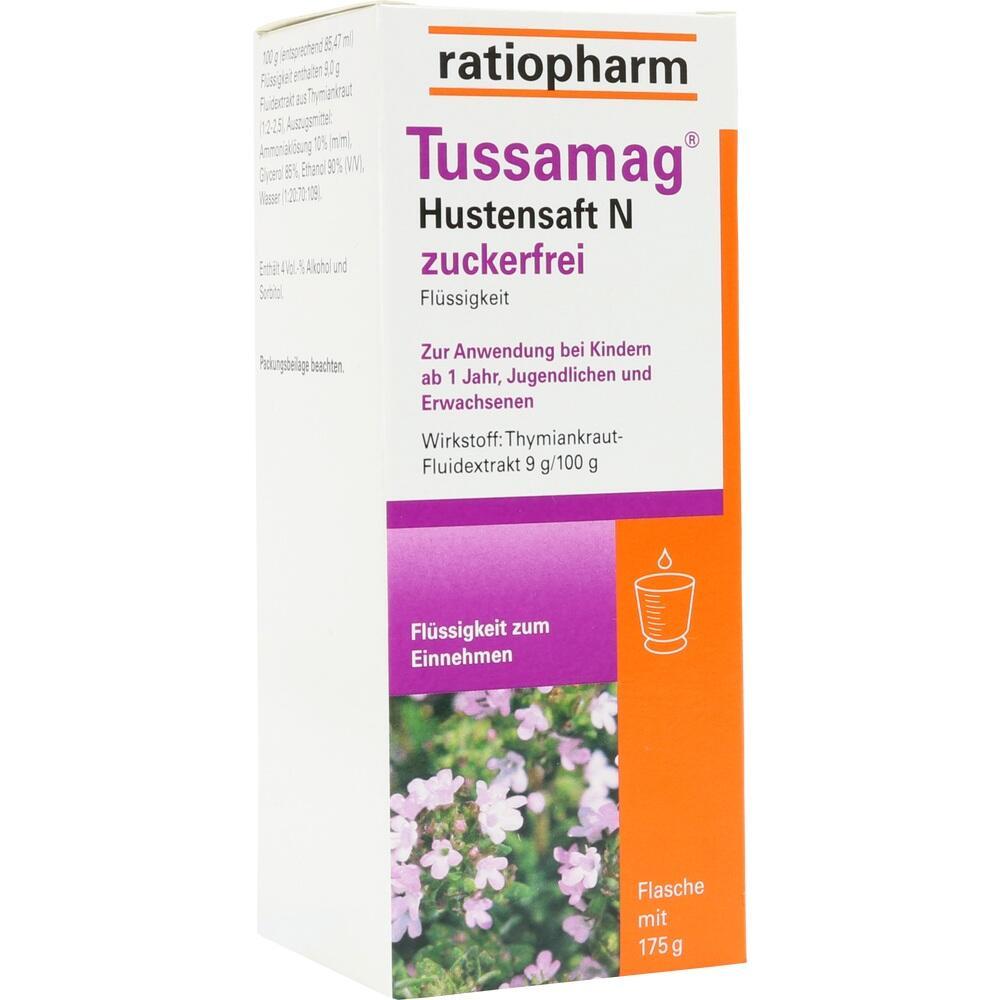 Eine Packung zuckerfreier Hustensaft von ratiopharm für Kinder und Erwachsene.