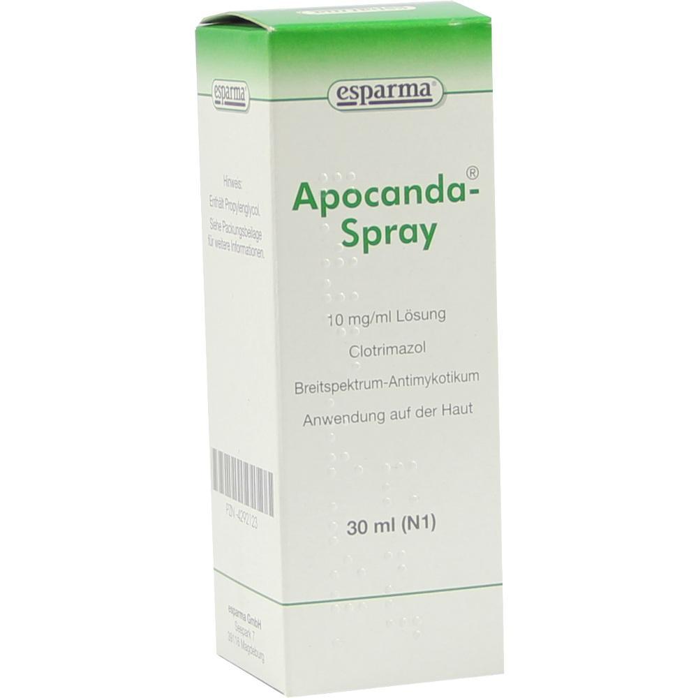 Weiße Sprayflasche mit grünem Deckel für Hautmittel namens Apocanda-Spray.