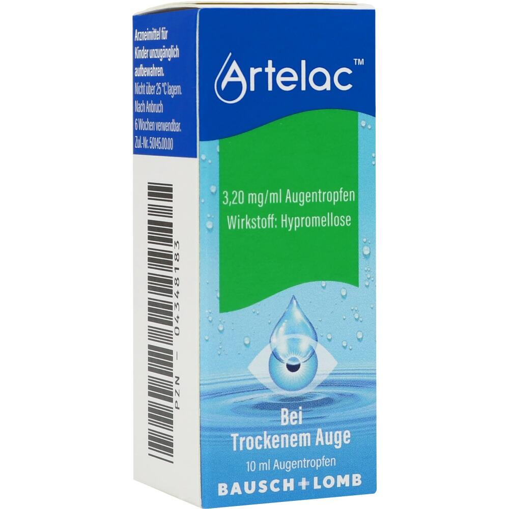 Verpackung von Augentropfen gegen trockene Augen, Marke Artelac.