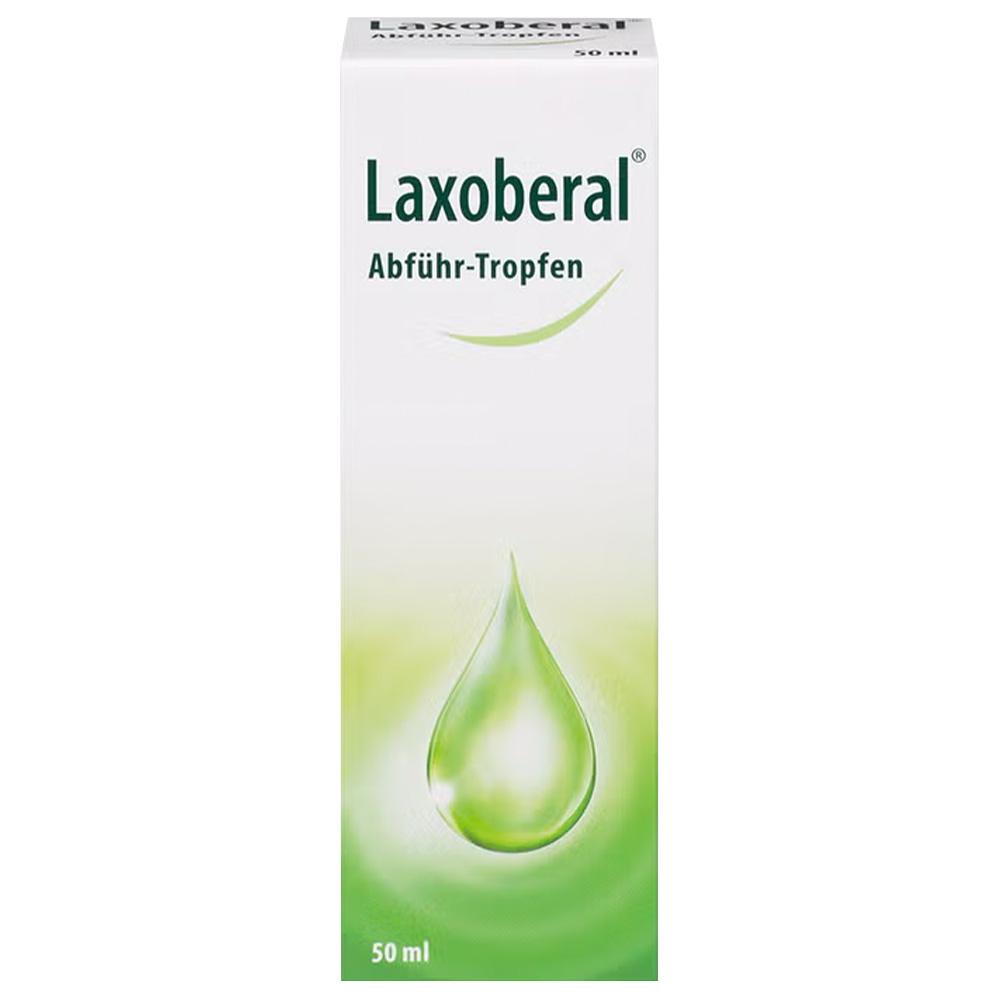 Wei&szlig;e Packung mit gr&uuml;ner Wassertr&ouml;pfchen-Grafik und der Aufschrift &bdquo;Laxoberal Abf&uuml;hr-Tropfen".