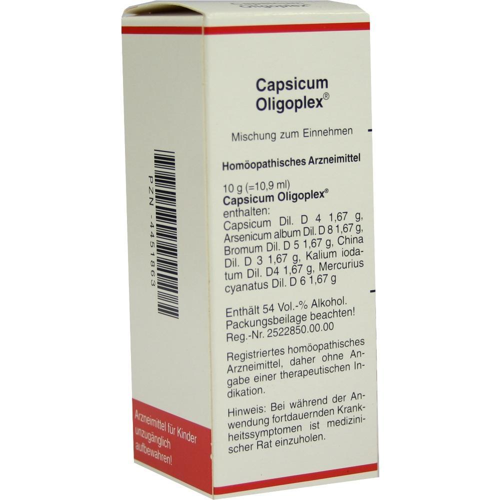 Weiße Medikamentenverpackung mit der Aufschrift "Capsicum Oligoplex".