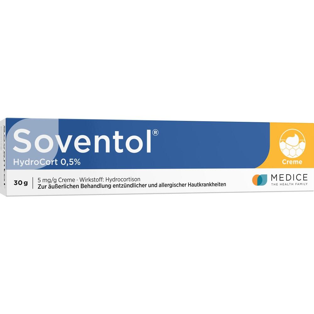 Eine blaue und wei&szlig;e Packung der Creme "Soventol HydroCort 0,5%".