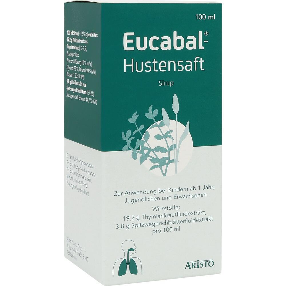 Grüne Hustensirup-Packung mit Pflanzenabbildung auf der Vorderseite.