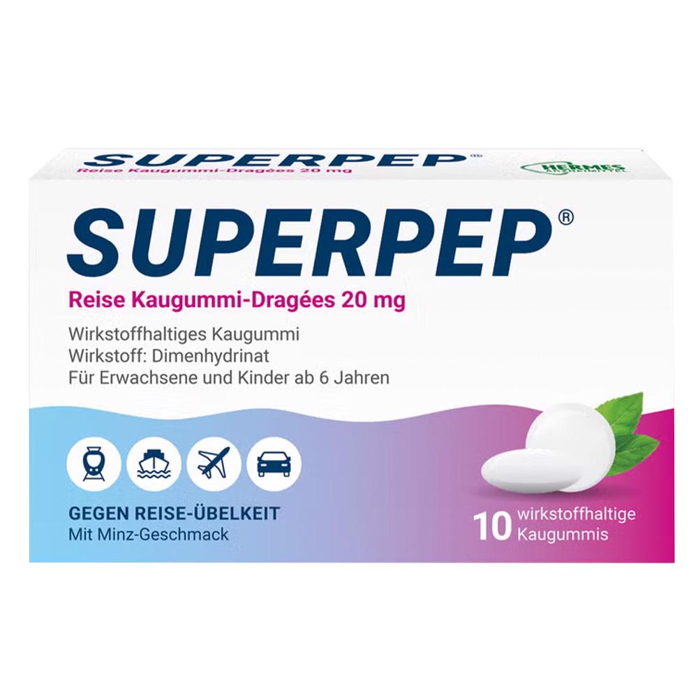 Verpackung von Superpep Kaugummis gegen Reise&uuml;belkeit mit Minzgeschmack.