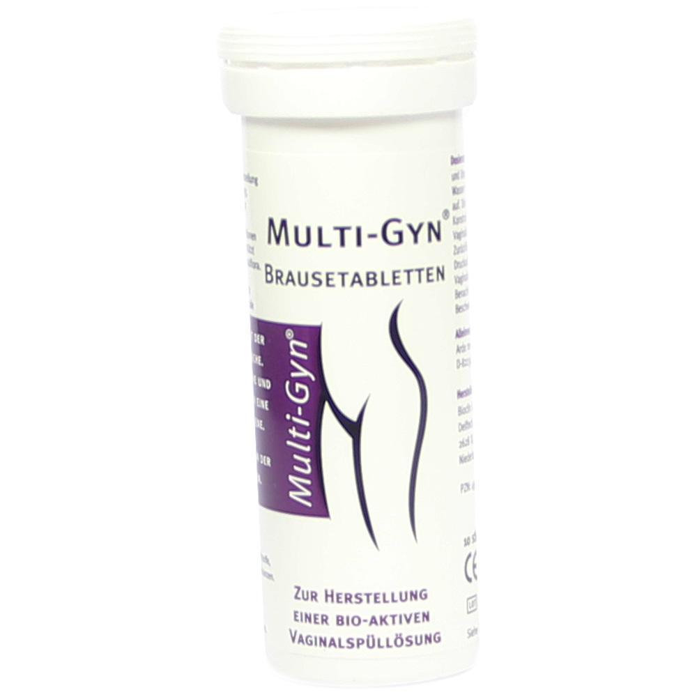 Wei&szlig;e Dose mit der Aufschrift "Multi-Gyn Brausetabletten" auf Deutsch.
