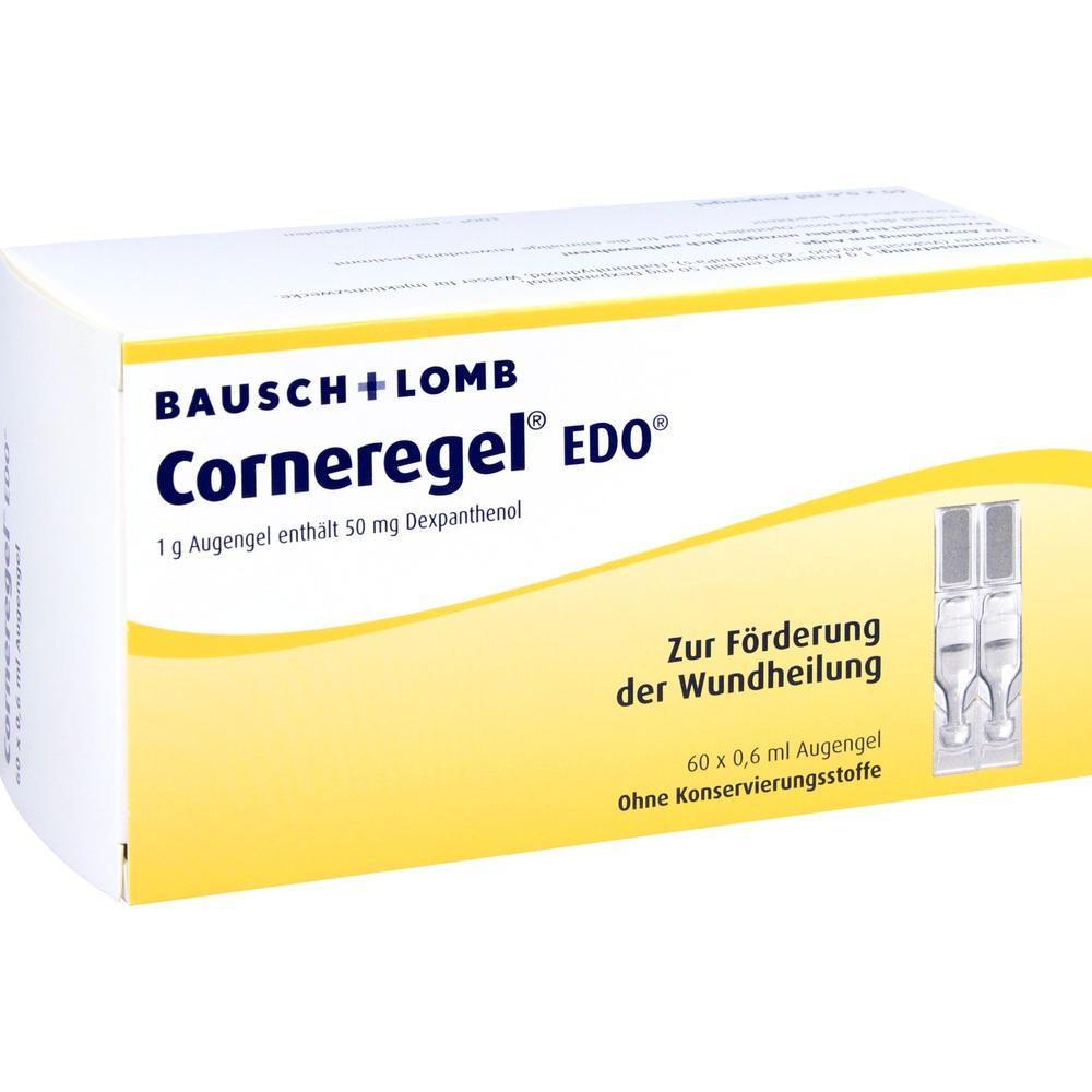 Eine gelbe Packung mit der Aufschrift "Corneregel EDO" für Augenheilung.