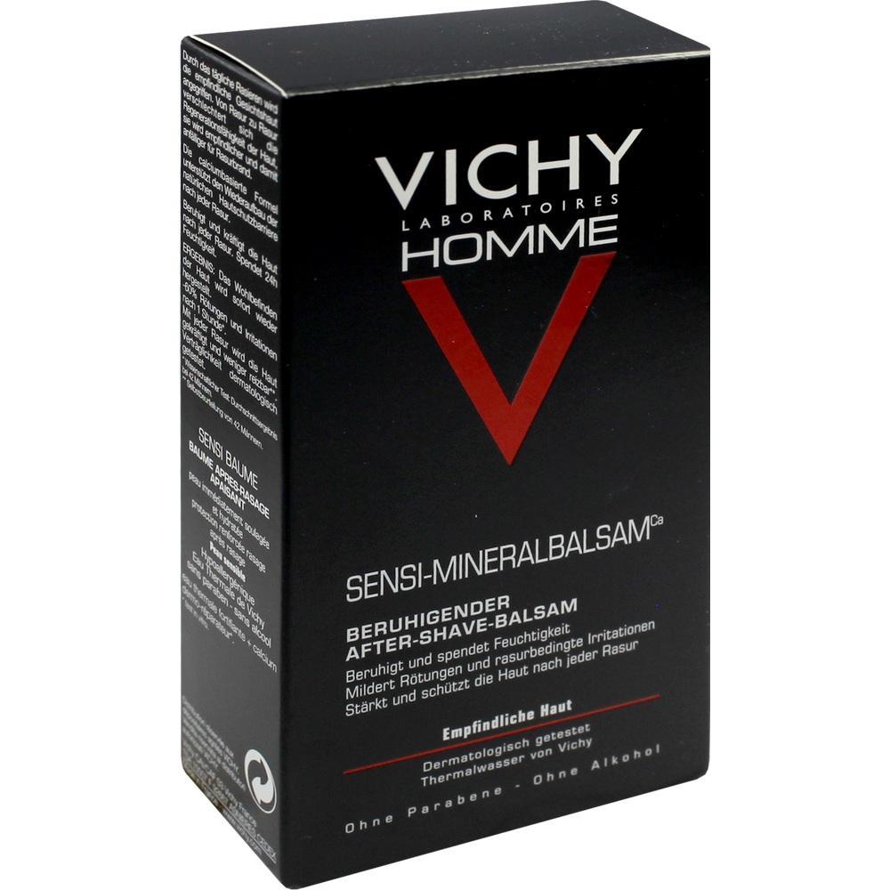 Eine schwarze Box mit Vichy Homme Sensi-Mineralbalsam f&uuml;r empfindliche Haut.