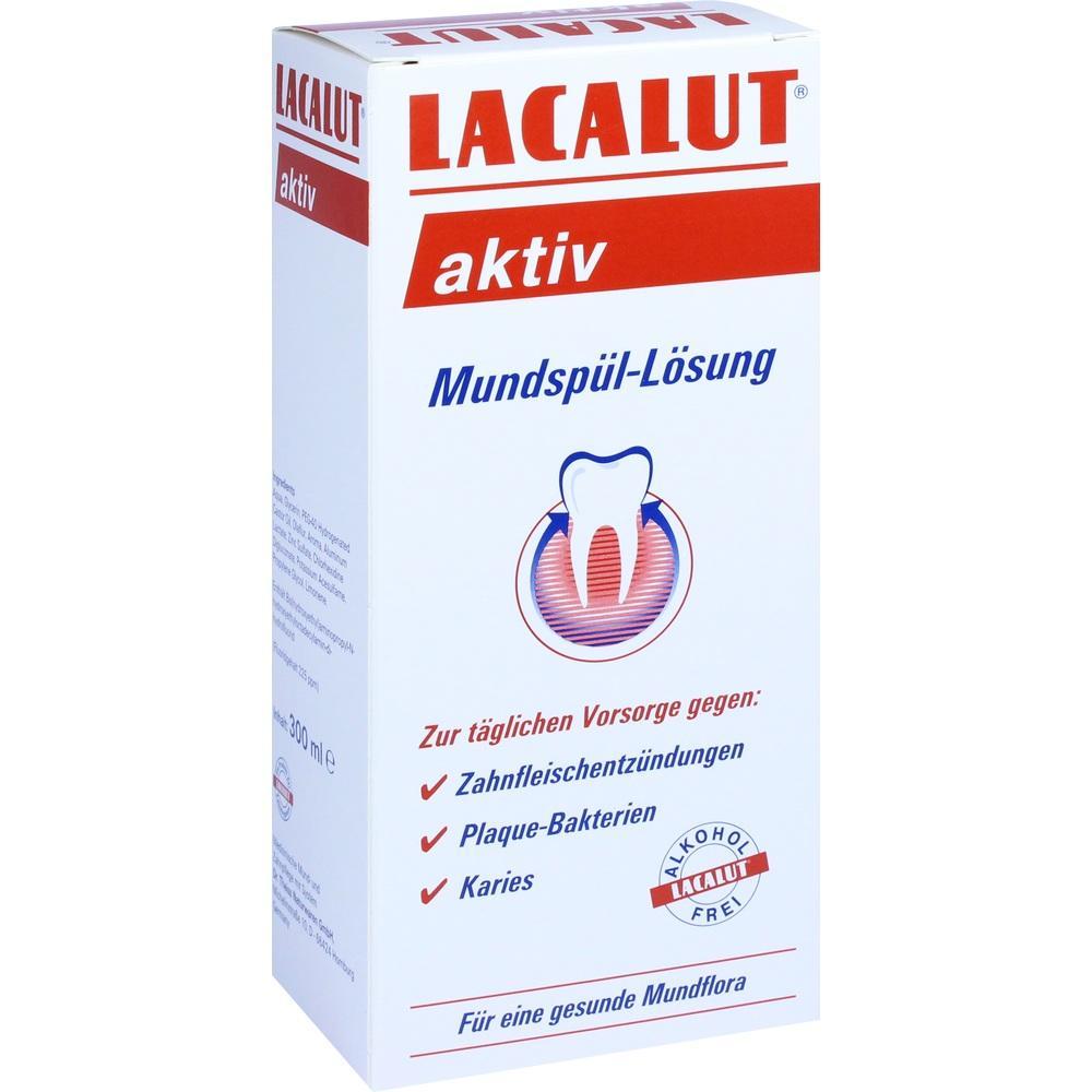Verpackung einer Mundspül-Lösung von Lacalut gegen Zahnprobleme.