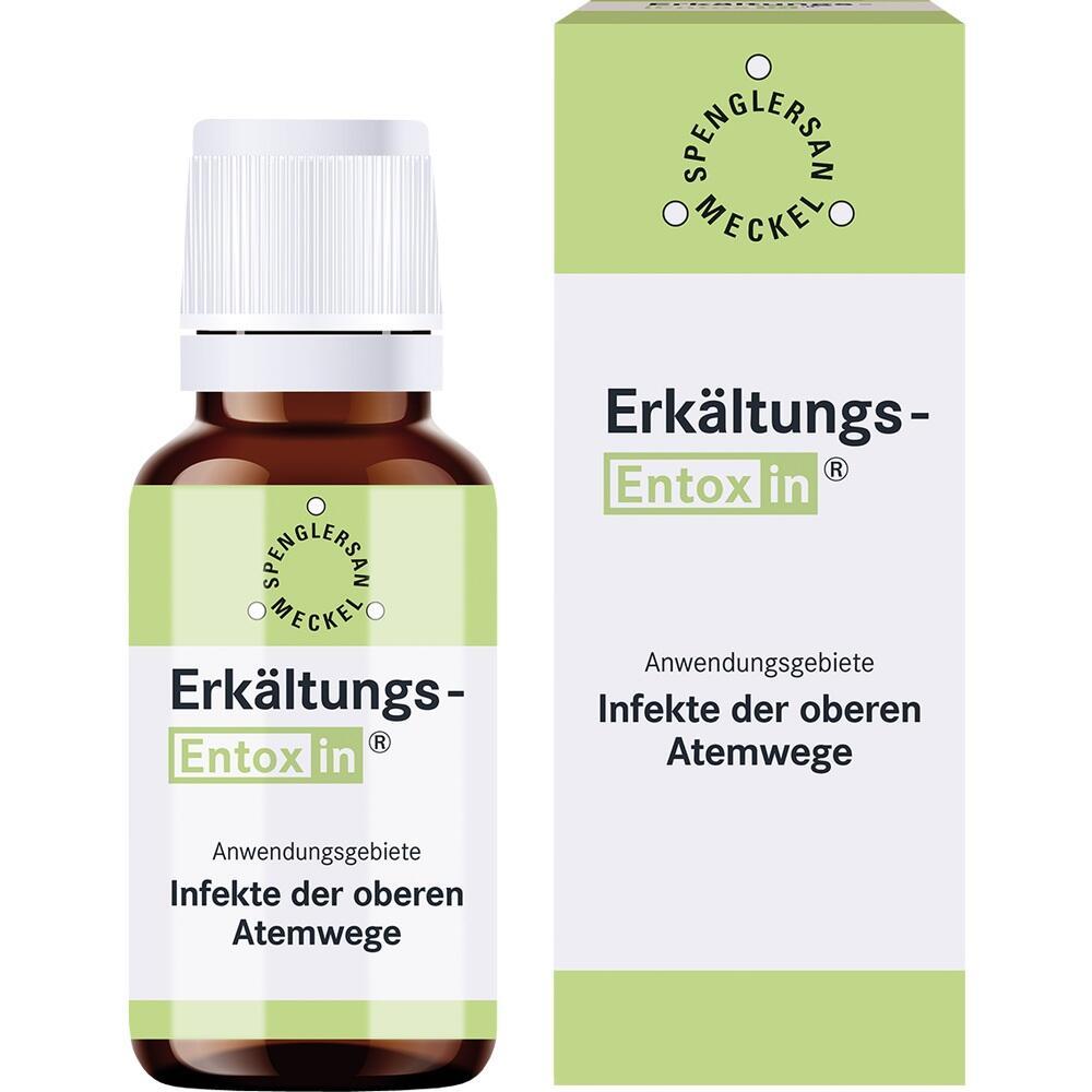 Braunes Fl&auml;schchen und Verpackung von Erk&auml;ltungsmittel gegen Atemwegsinfekte.