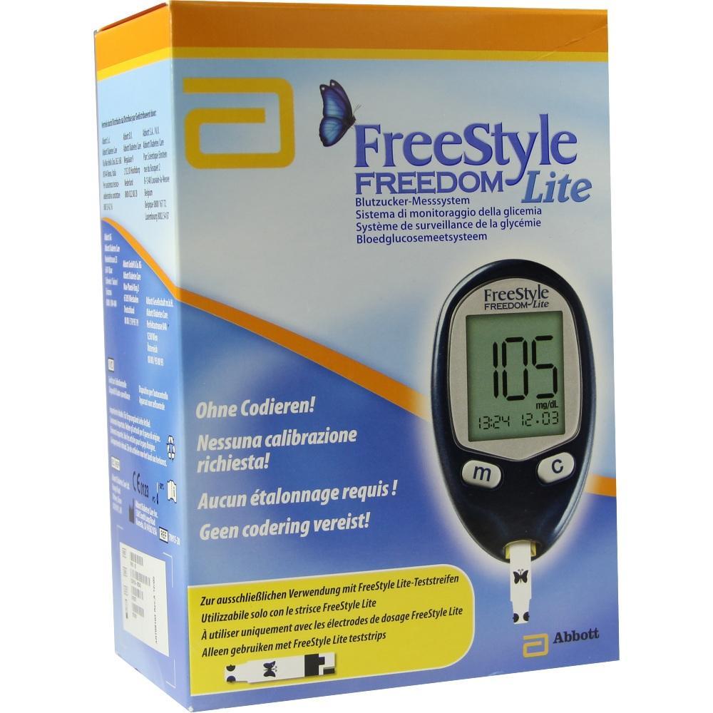 Verpackung eines Blutzuckermessger&auml;ts mit gro&szlig;er Schrift "FreeStyle Freedom Lite" darauf.