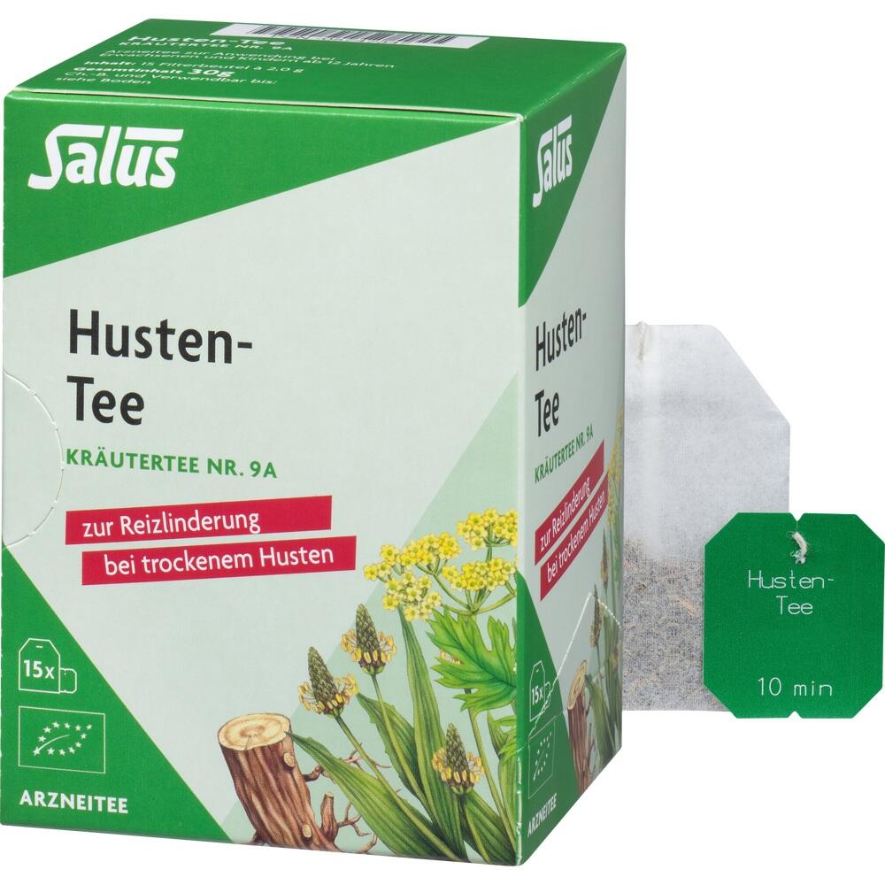Eine gr&uuml;ne Packung Hustentee f&uuml;r trockenen Husten und ein Teebeutel daneben.