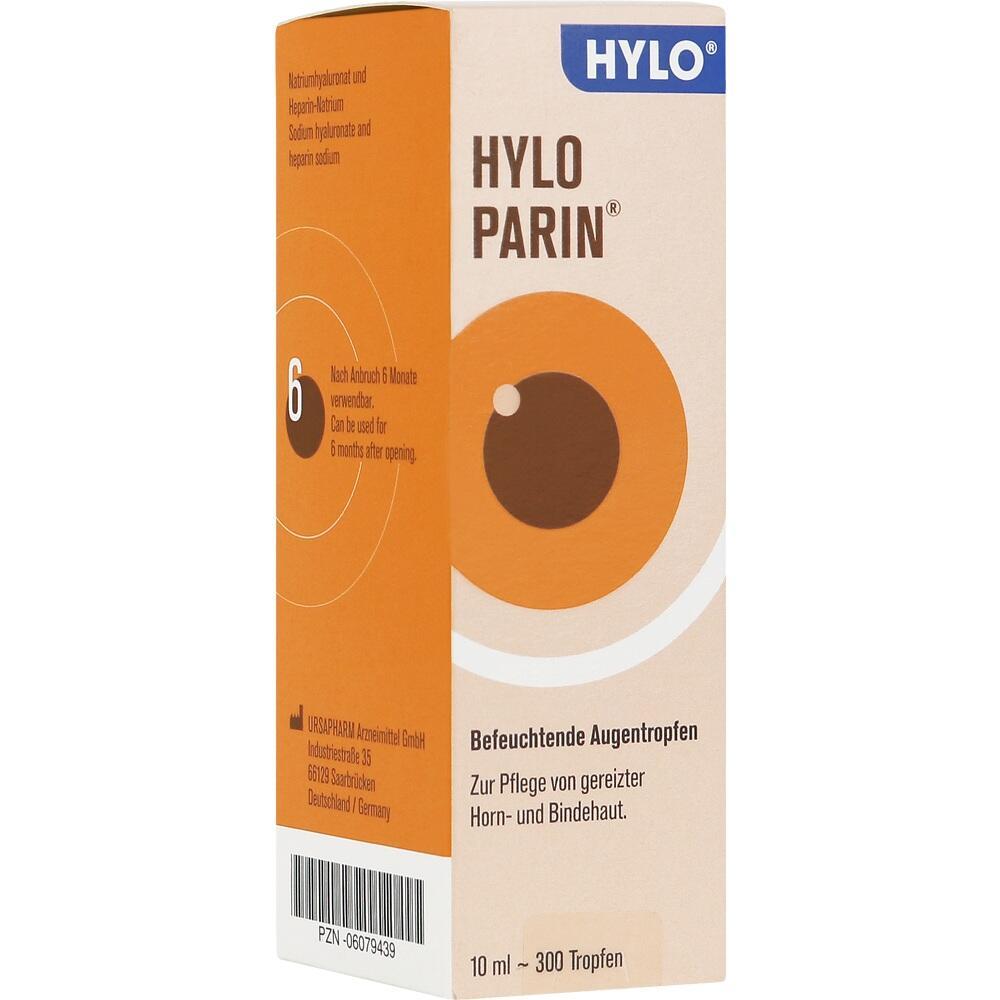 Orange Schachtel mit Augentropfen namens Hylo-Parin zur Befeuchtung der Augen.