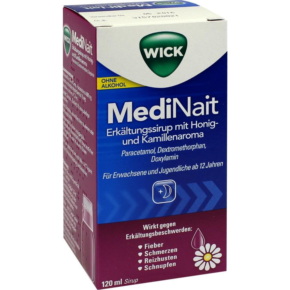 Eckige Packung Erkältungssirup mit Honig- und Kamille-Geschmack von MediNait.