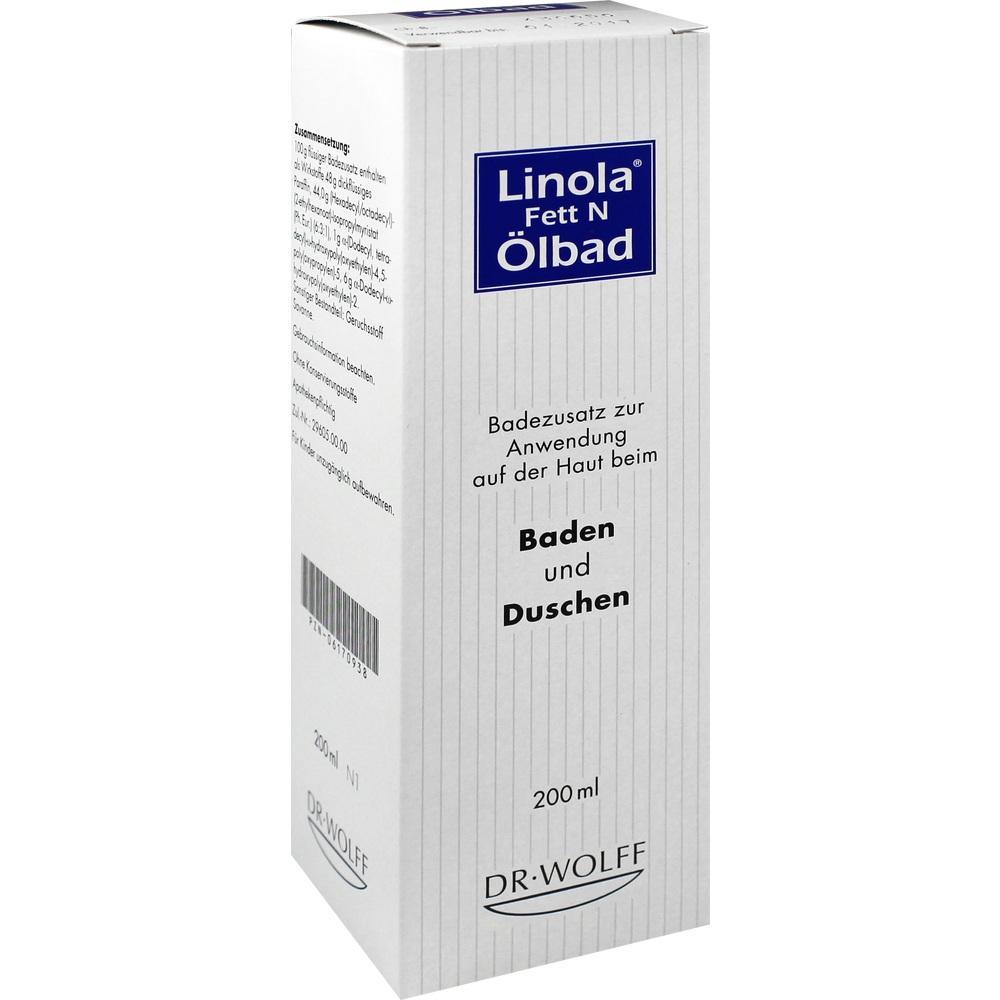 Wei&szlig;e Verpackung des "Linola Fett N &Ouml;lbad" f&uuml;r Baden und Duschen.