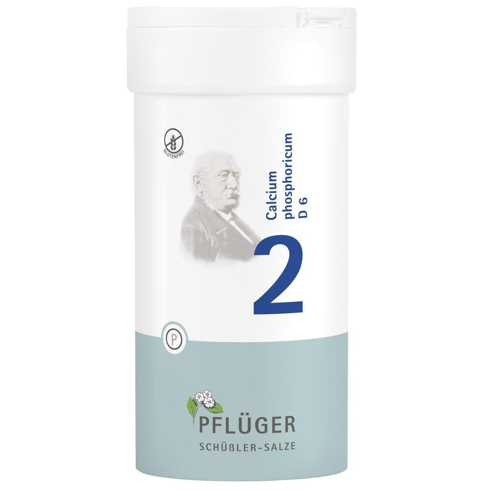 Wei&szlig;e Dose mit der Aufschrift "Calcium phosphoricum D6" und einer gro&szlig;en blauen Zahl 2.