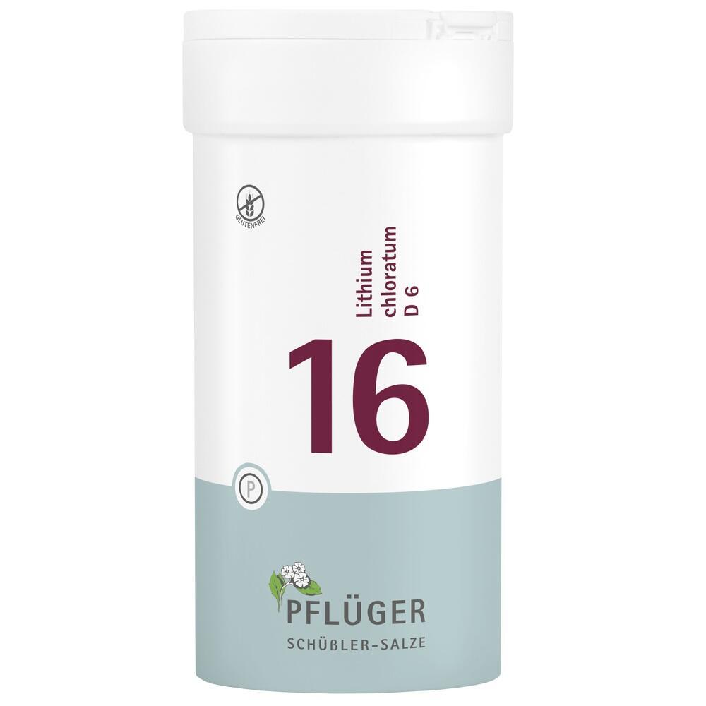 Wei&szlig;e Pillendose mit der Aufschrift "16 Lithium chloratum D6".