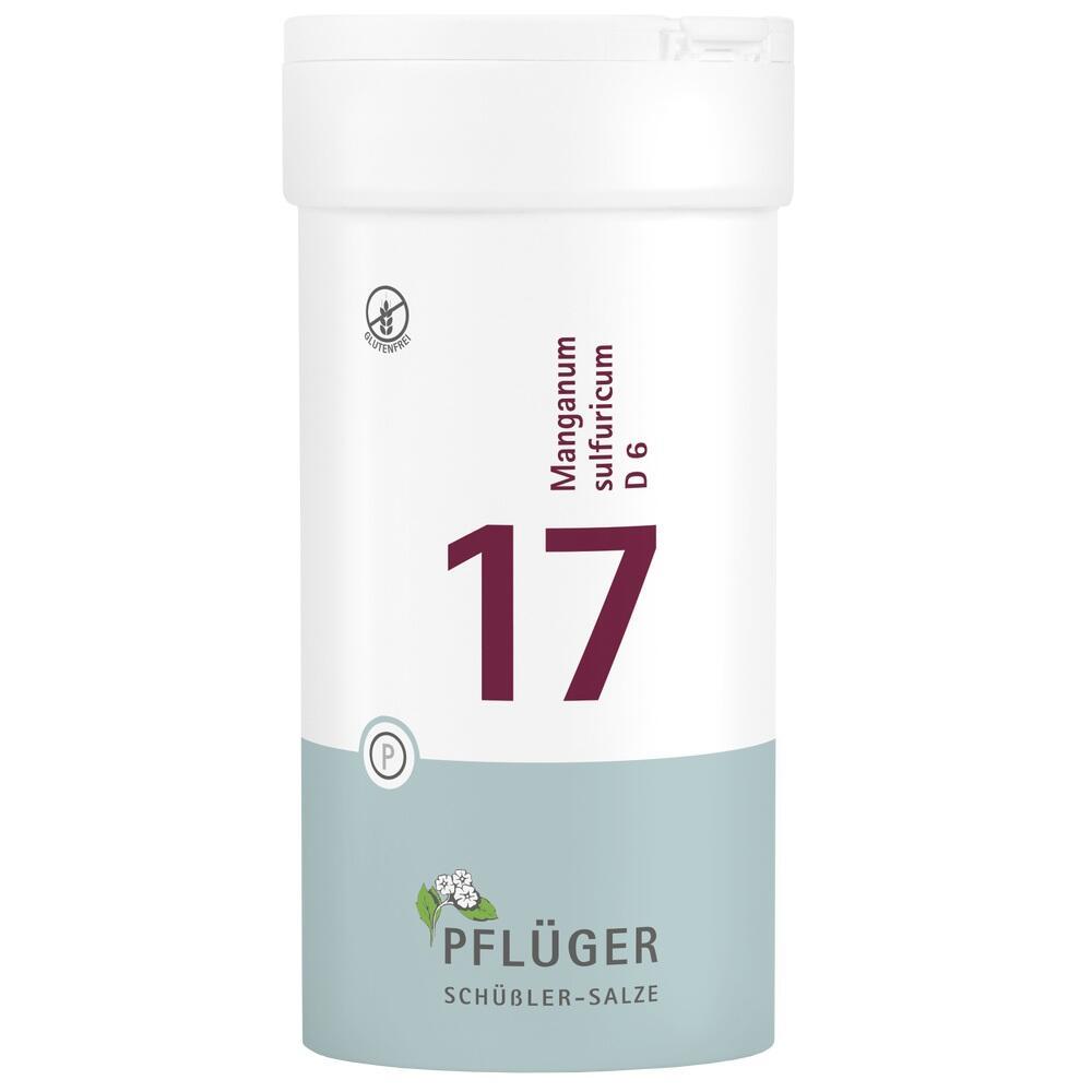 Wei&szlig;e Dose mit der Zahl 17 und dem Text &bdquo;Manganum sulfuricum D 6&ldquo;.