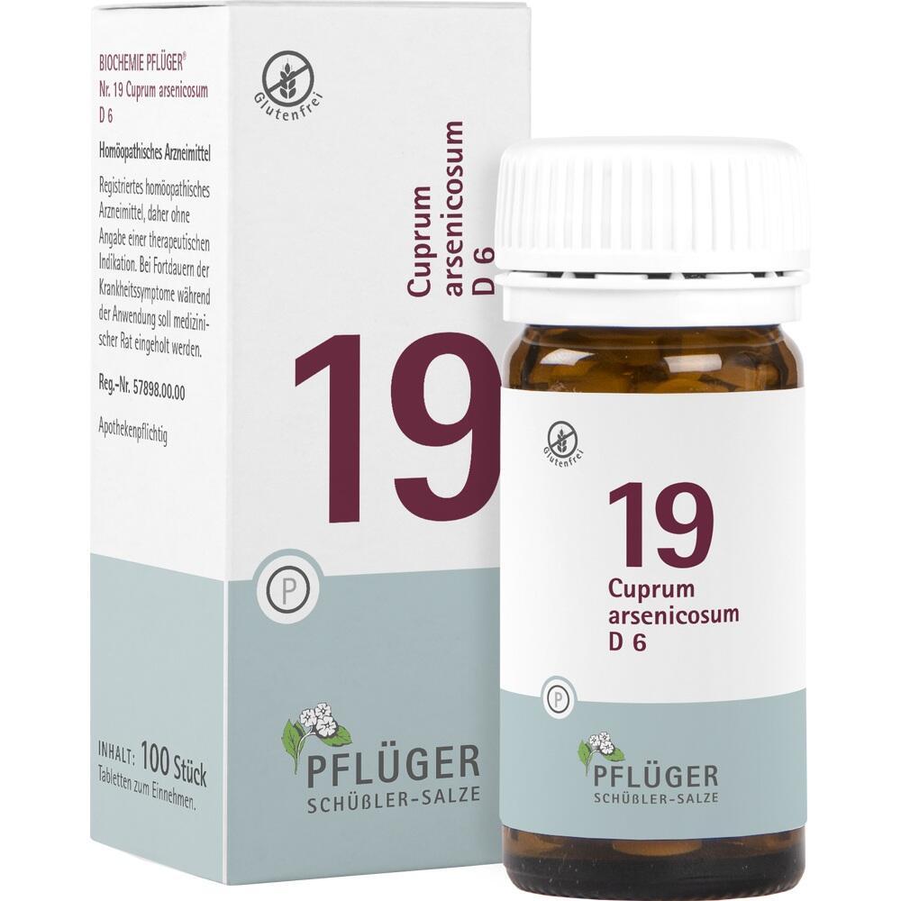 Eine Schachtel und Flasche hom&ouml;opathischer Tabletten mit der Aufschrift "19 Cuprum arsenicosum D 6".