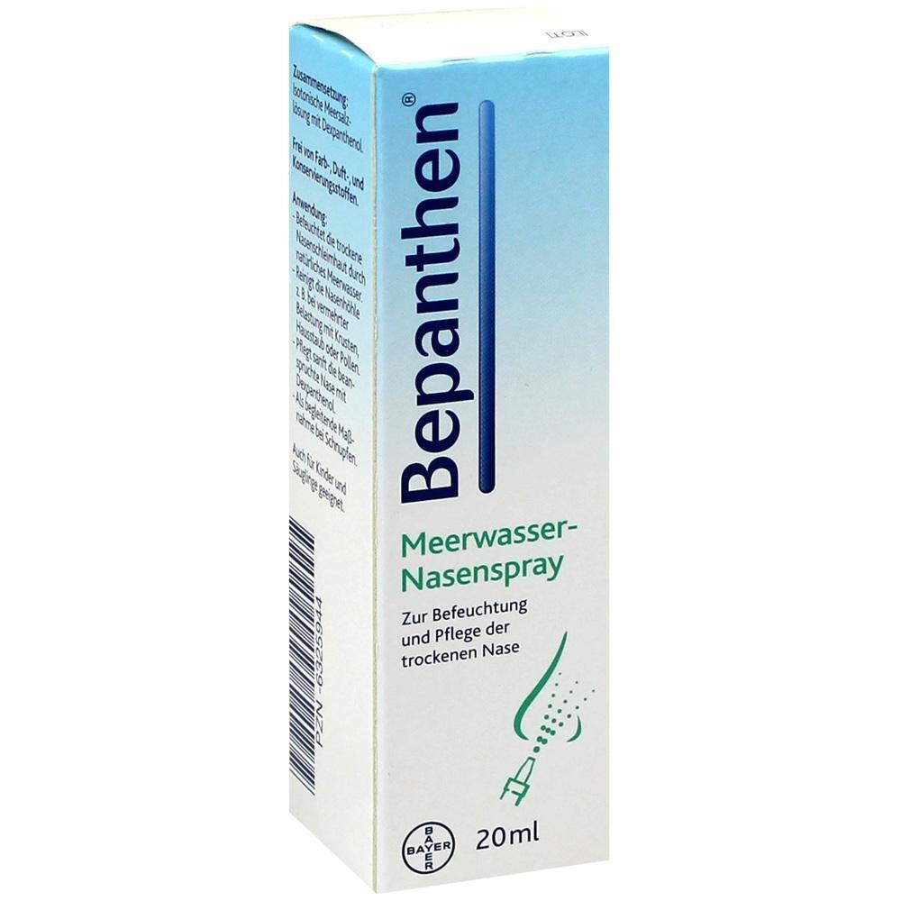 Eine Schachtel Bepanthen Meerwasser-Nasenspray für die Pflege der trockenen Nase.