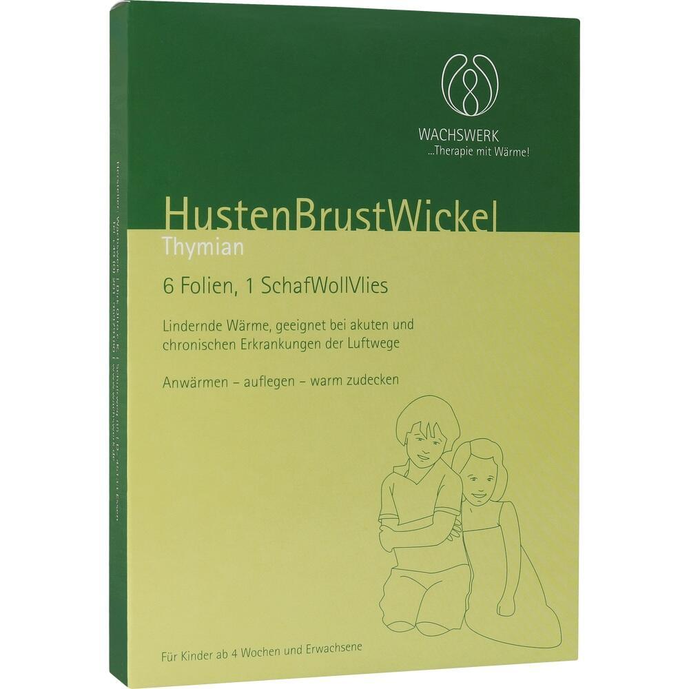 Gr&uuml;ne Verpackung eines Thymian-Hustenbrustwickels f&uuml;r Kinder und Erwachsene.