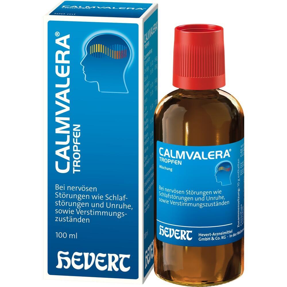 Eine Flasche und Schachtel mit Calmvalera-Tropfen zur Beruhigung und gegen Schlafst&ouml;rungen.