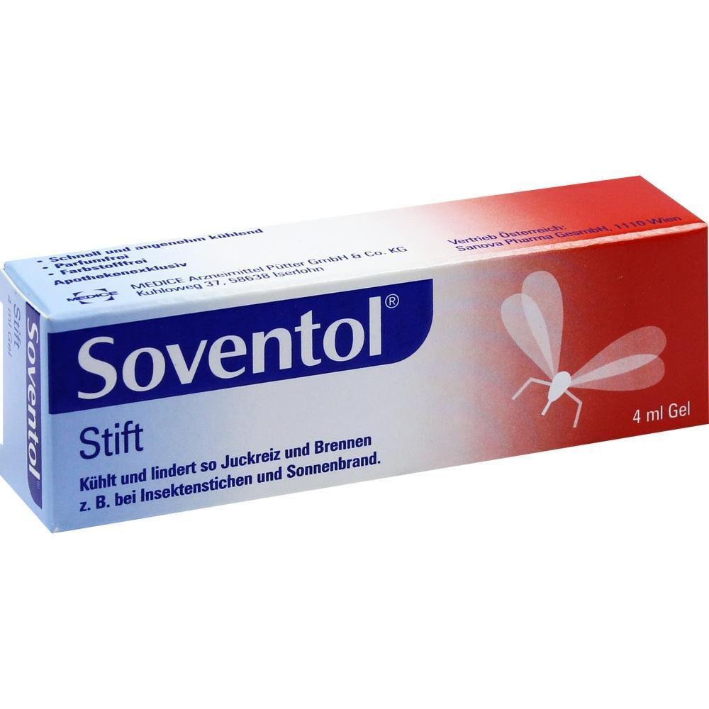 Verpackung eines Soventol Stifts zur Linderung von Juckreiz und Brennen bei Insektenstichen.