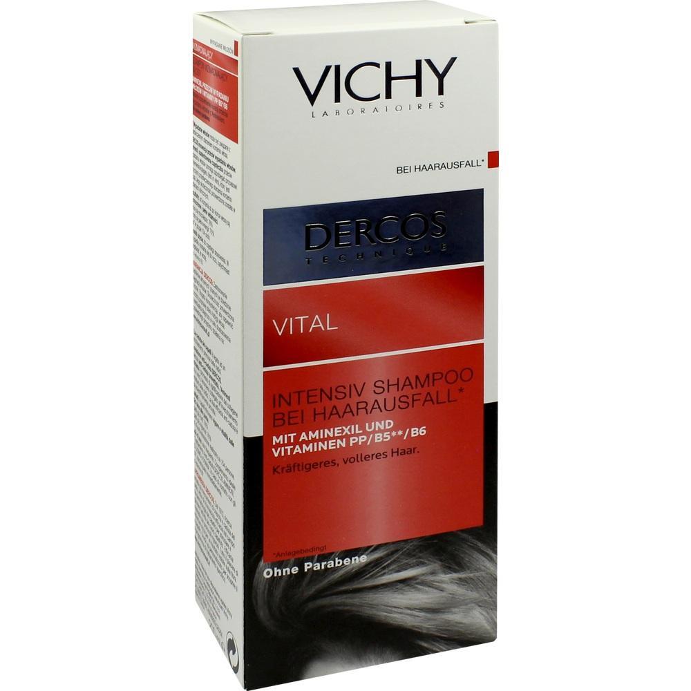 Wei&szlig;e Shampoo-Packung von Vichy gegen Haarausfall mit roten und schwarzen Details.