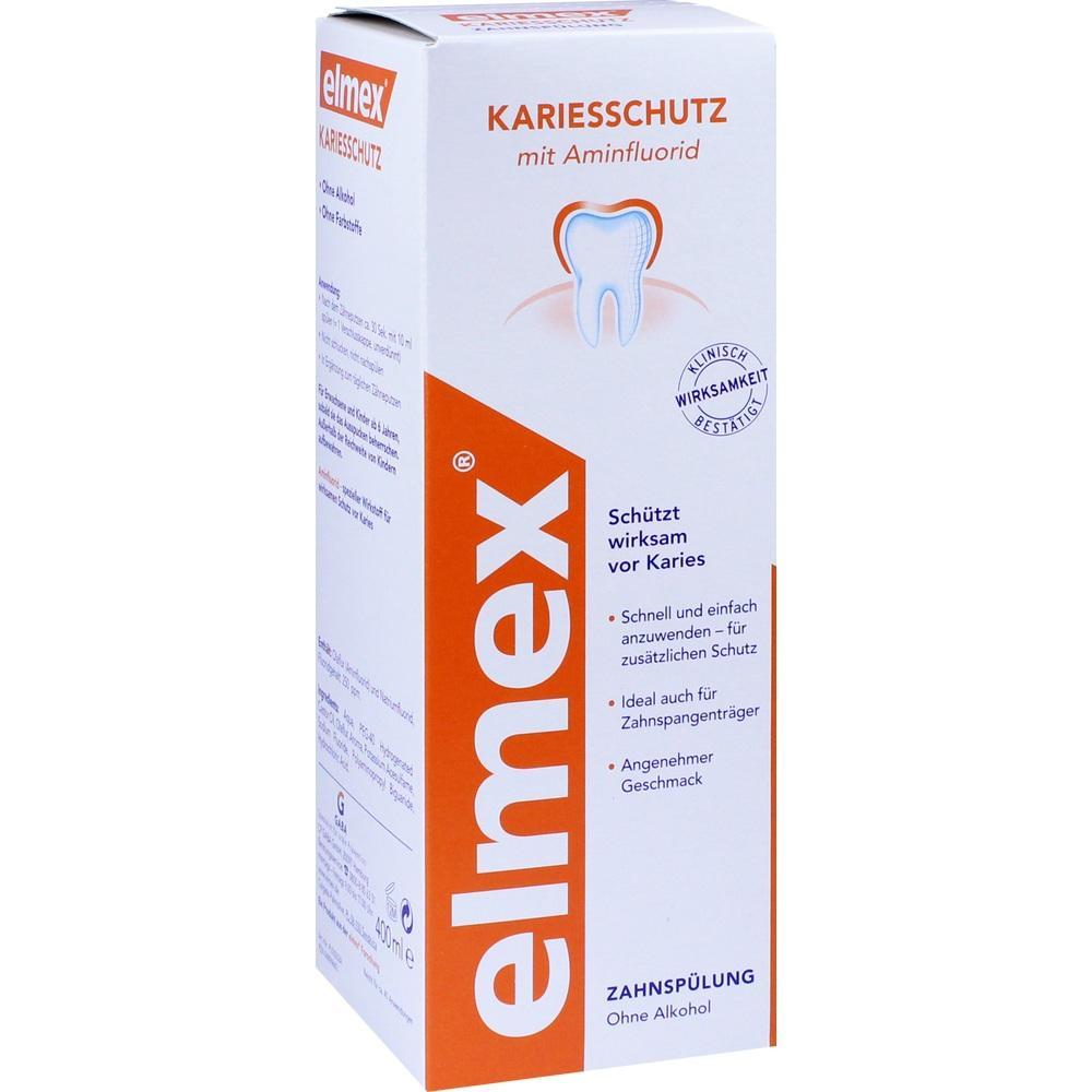 Eine orange-weiße Verpackung für Mundspülung, die vor Karies schützt.