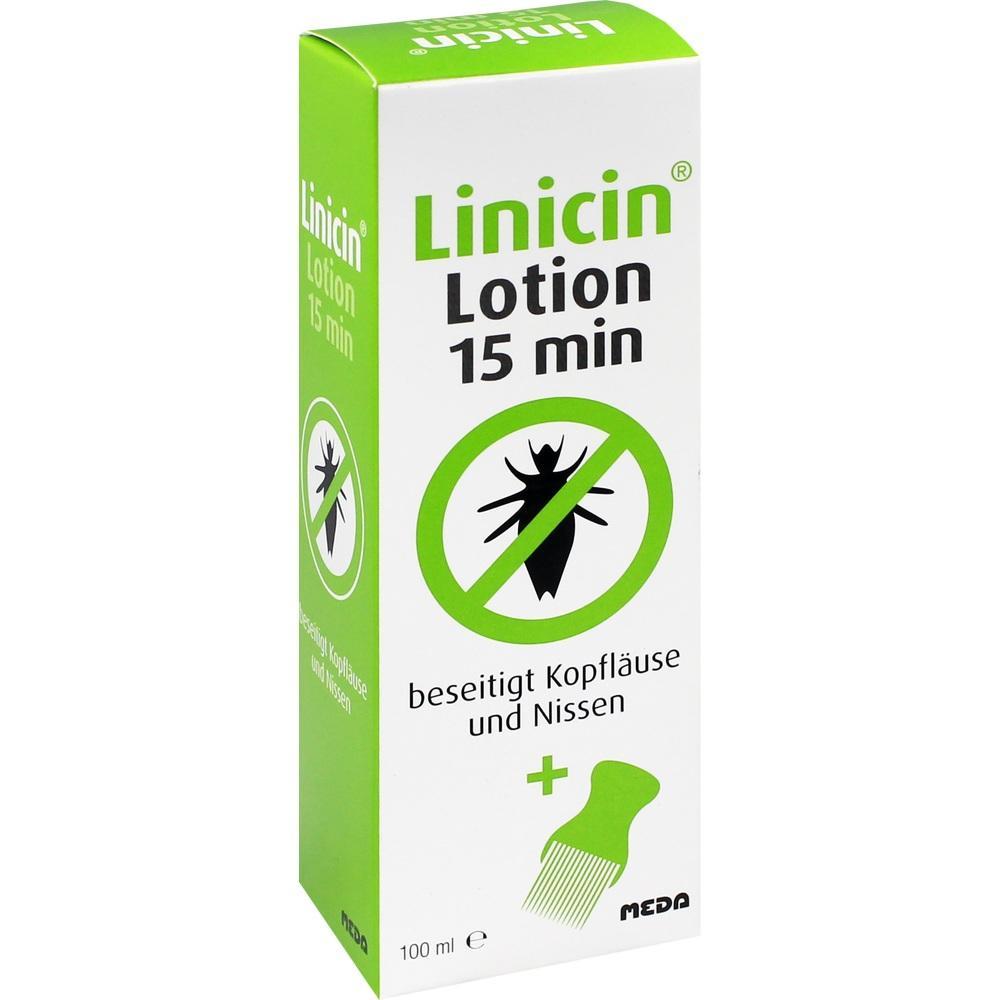 Gr&uuml;ne Packung eines L&auml;usemittels namens Linicin, das Kopfl&auml;use in 15 Minuten entfernen soll.