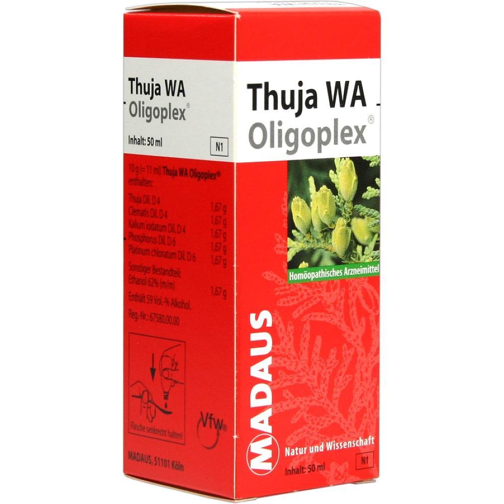 Rote Medikamentenverpackung von Thuja WA Oligoplex mit Pflanzenfoto auf der Vorderseite.