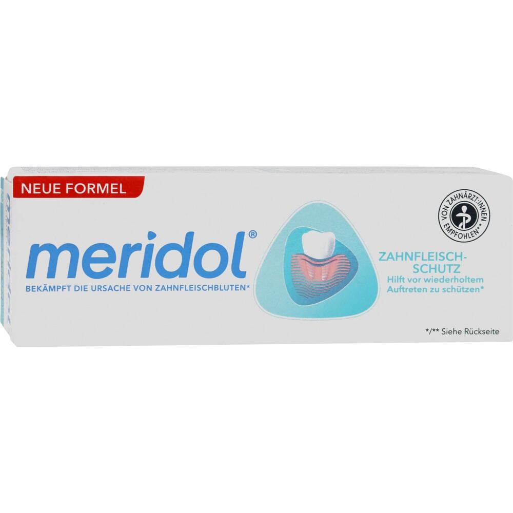 Eine Zahnpasta-Schachtel von Meridol mit Zahnfleischschutz.