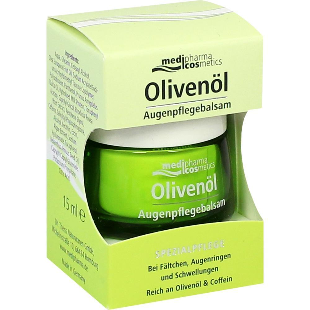 Ein gr&uuml;nes Glas mit Oliven&ouml;l-Augenpflegebalsam in einer Schachtel.