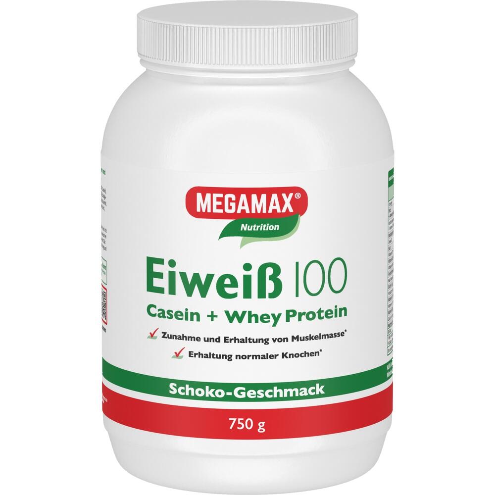 Wei&szlig;e Proteinpulver-Dose mit der Aufschrift "Eiwei&szlig; 100" und Schoko-Geschmack.