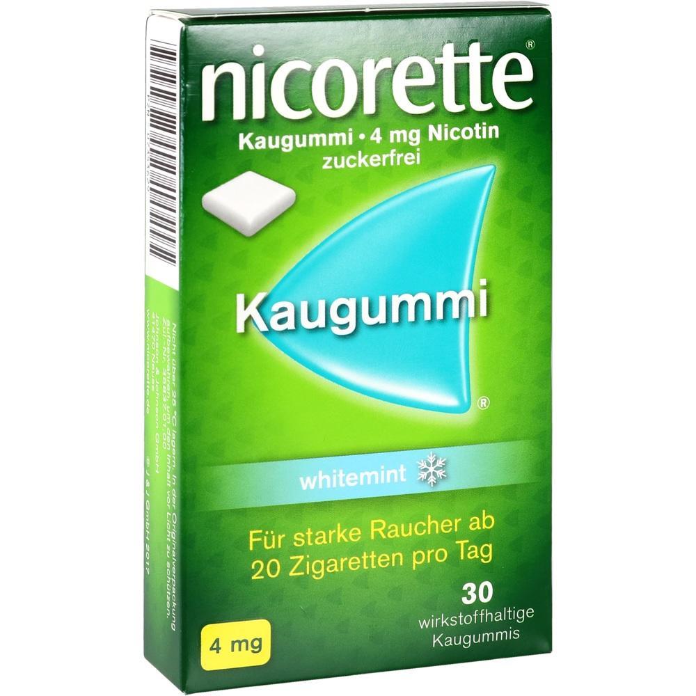 Grüne Packung Nikotinkaugummi für Raucher, mit weißem Kaugummistück abgebildet.
