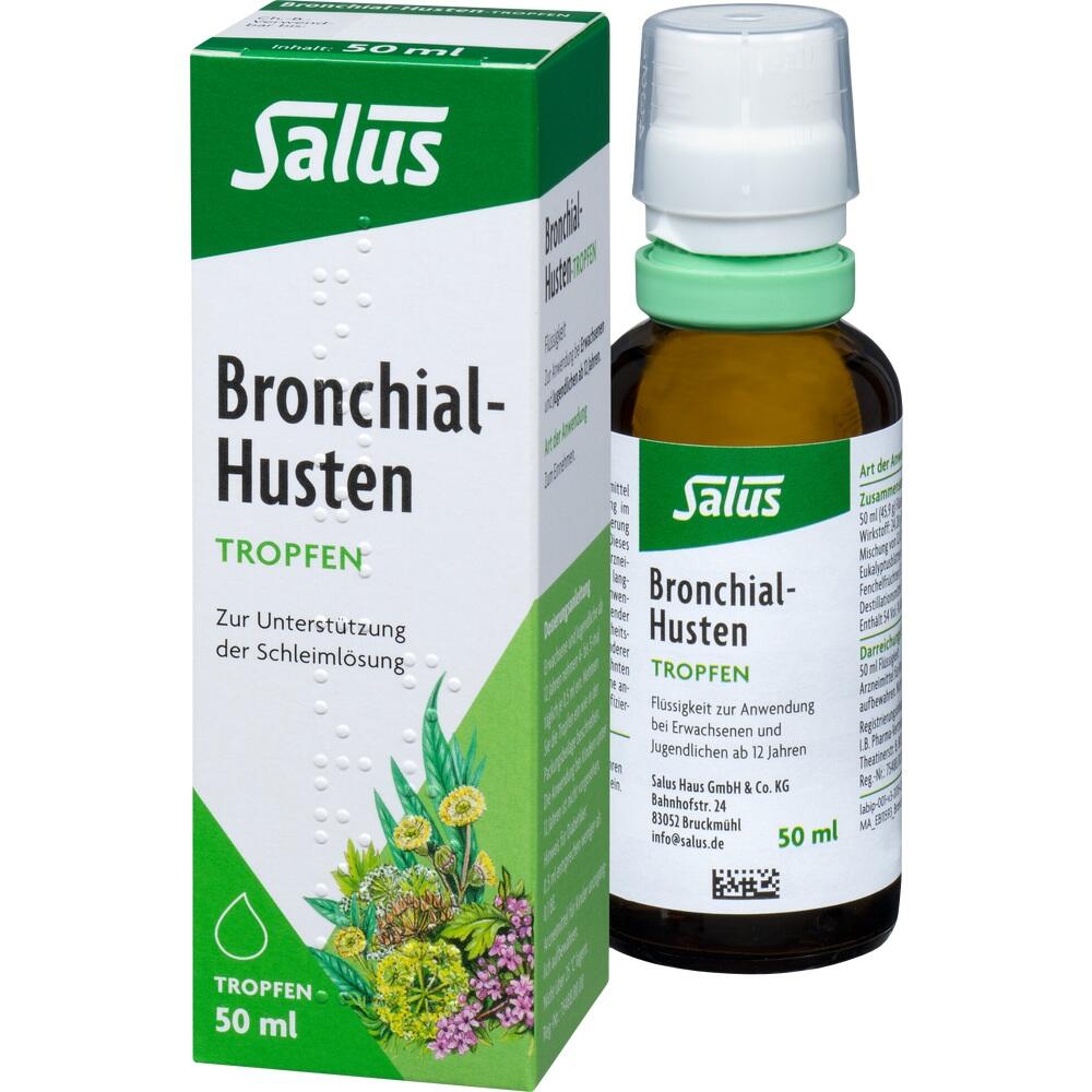 Eine Flasche Hustenmedizin steht neben ihrer grünen Verpackung.