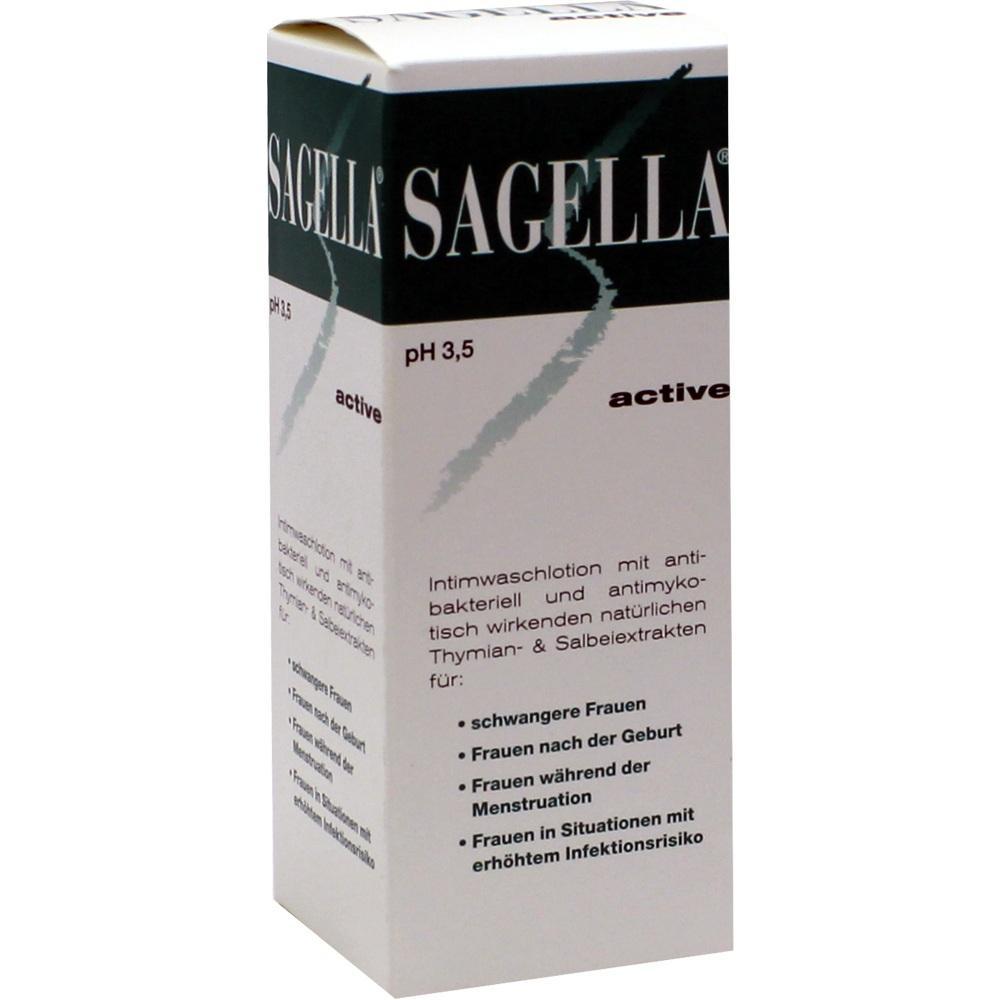 Weiße Packung von Sagella, Intimwaschlotion für Frauen mit natürlichen Extrakten.