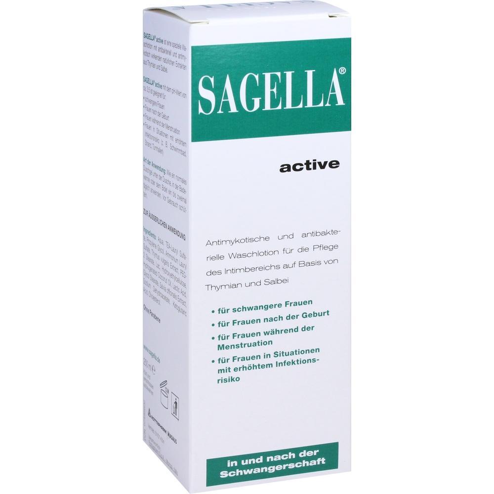 Eine Verpackung der Sagella active Waschlotion für die Pflege des Intimbereichs.