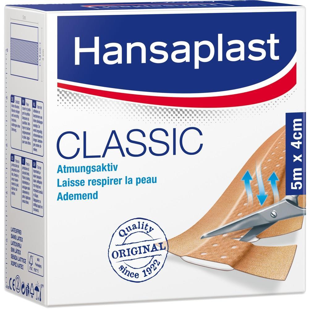 Eine Hansaplast-Packung mit einem Pflaster und einer Schere darauf.